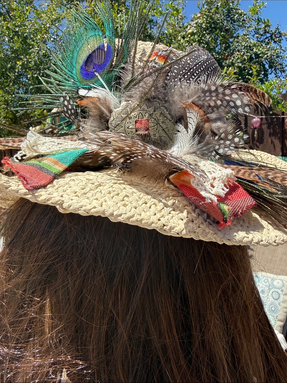 Custom straw cowboy hat w Peacock,feathers leather ,vintage cloth, card sheriff - Picture 8 of 17